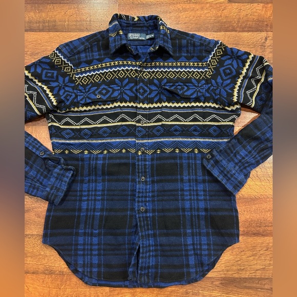 Polo Ralph Lauren Mens Heavy Blanket Shirt Blue Plaid Snowflake Button Up Medium - Picture 1 of 6
